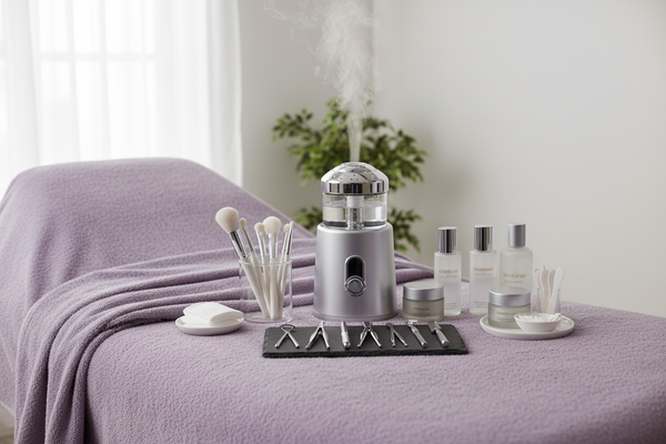 image of facial tools and massage bed with lavender towel